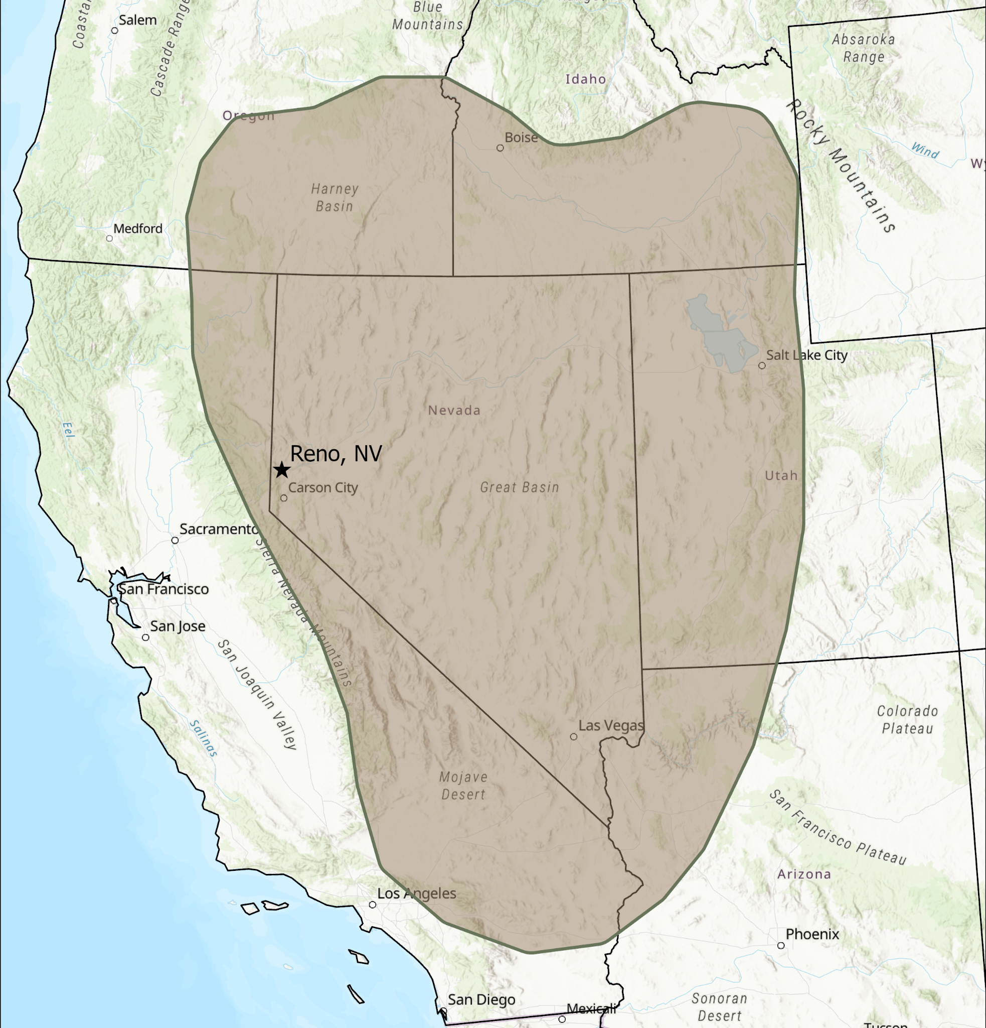 Map showing McElroy Environmental's primary service area in the Great Basin and western United States